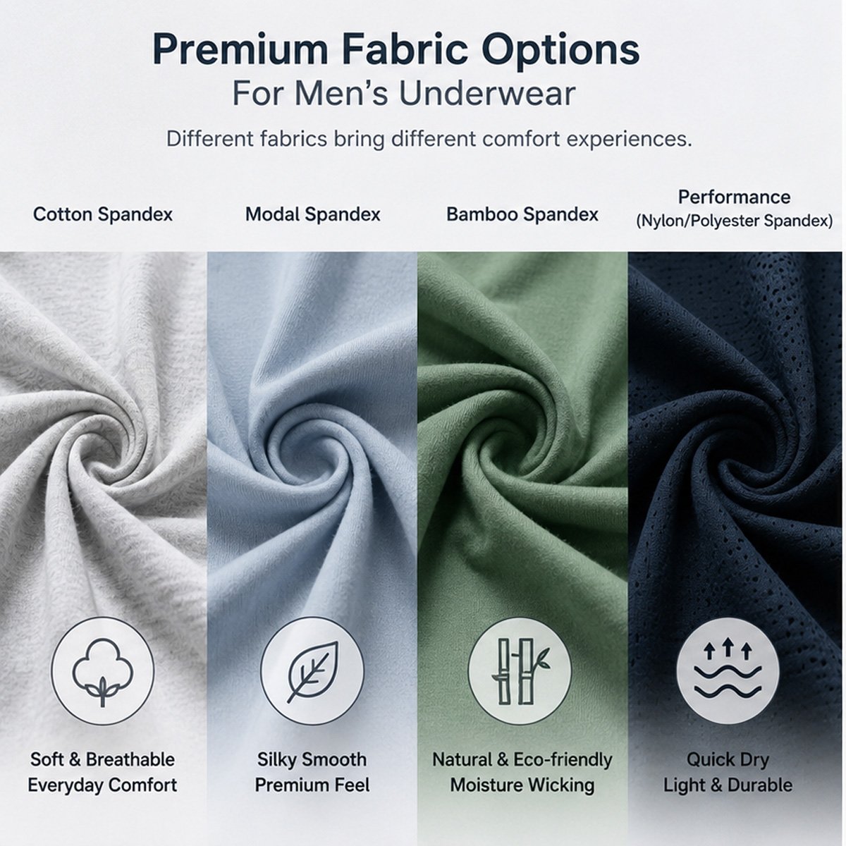 Fabric options considered during custom men's underwear pouch development