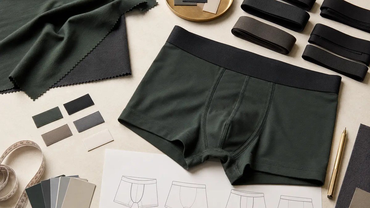 Men's underwear product development with fabric swatches, waistband samples and measurement tools