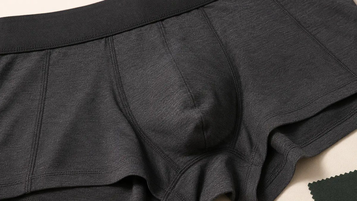 Close inspection of men's underwear pouch seams and waistband